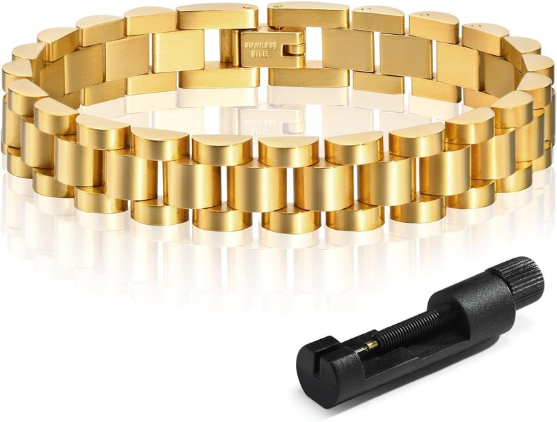 MPRAINBOW 2pcs 18K Gold Plated Chain Link Bracelet, Stainless Steel Crystal Friendship Bracelets Bangle,Watch Band Chains Wristband Jewelry with Adjust Tool - Image 1